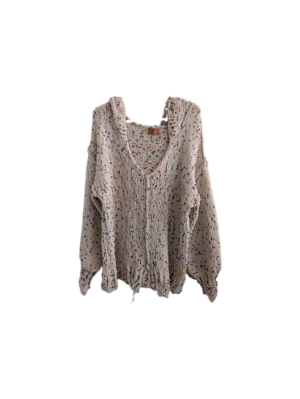 POL Cottagecore Confetti Chunky Knit Hooded Sweater V-Neck High Low Women's Med